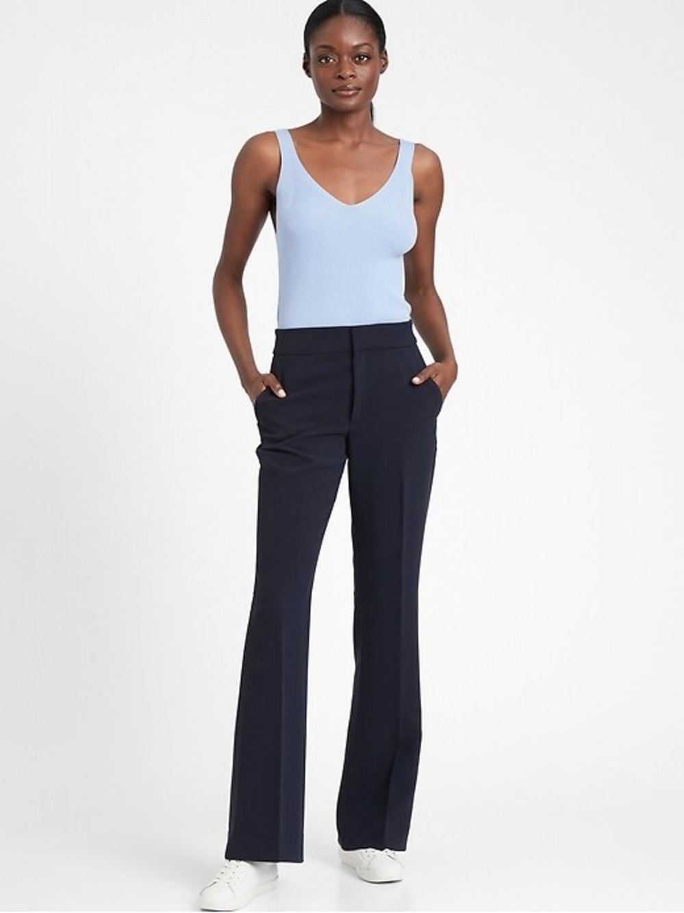 NEW Banana Republic High Rise Flare Pants Womens 8 Long Navy Blue Stretch Office